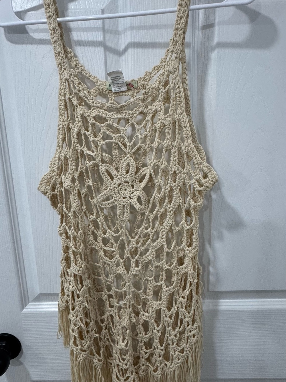 Boho Crochet Fringe Tank Dress - Cream